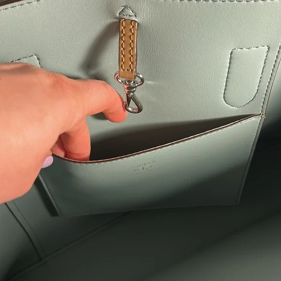 Lauren Ralph Lauren Dryden Marcy Tote Bag Colorblock Blue Tan - Picture 9 of 11